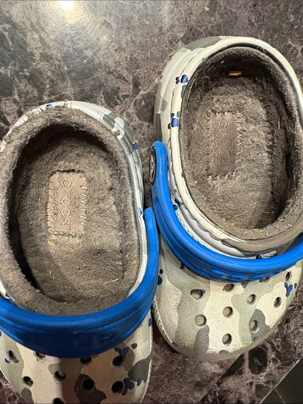 CROCS Kids Gray Camo Clogs with Blue Strap Accents
